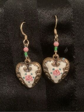 Lucy Isaac NYC  Heart Drop Earrings with Pink Rose Detail - Women Jewelry